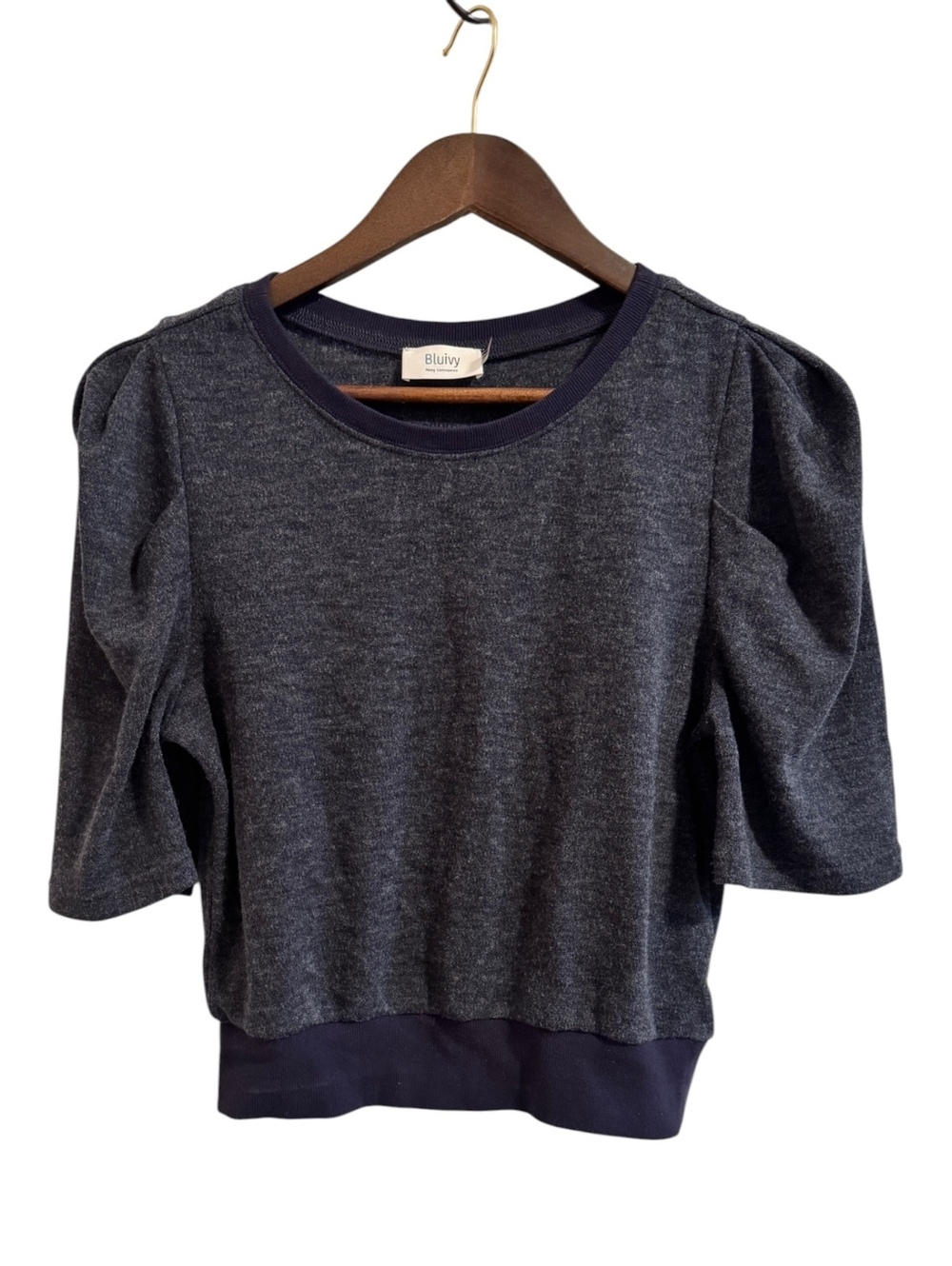 BluIvy Heathered Navy Puff Sleeve Knit Tee (Size L)